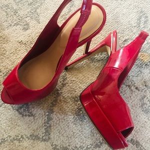 Red Patten Leather Peep Toe Pumps